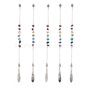 Mixed Natural Gemstone Pointed Drowsing Pendulums, with Chakra Gemstone Chips & 304 Stainless Steel Findings, Bullet Charm, 265~268mm(PALLOY-JF01992)