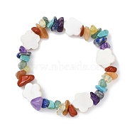 Natural & Synthetic Mixed Gemstone Chips & Shell Beaded Stretch Bracelet, Flower, Wide: 11.5mm, Inner Diameter: 1-5/8 inch(4.05cm)(BJEW-JB09897-04)