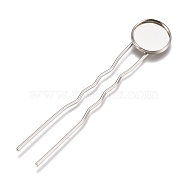 Iron Hair Fork Findings, with Flat Round Brass Cabochon Settings, Platinum, Tray: 14mm, 79x16x3mm(KK-M040-04C-P)