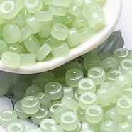 Imitation Jade Glass Seed Beads, Column, Light Green, 6x3mm, Hole: 1.4mm, about 2027pcs/pound(SEED-E001-J3x6mm-02)