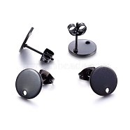 304 Stainless Steel Stud Earring Findings, with Loop and Flat Plate, Ear Nuts/Earring Backs, Flat Round, Electrophoresis Black, 10x1mm, Hole: 1.5mm, Pin: 0.8mm(X-STAS-K184-01-01B)
