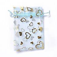 Organza Drawstring Jewelry Pouches, Wedding Party Gift Bags, Rectangle with Gold Stamping Heart Pattern, Light Sky Blue, 15x10x0.11cm(OP-I001-B01)