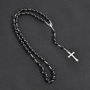 Long Handmade Imitation Pearl Cross Pendant Lariat Necklace Unisex Tassel Sweater Chain Necklaces, Black(FZ4072-5)