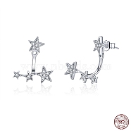 Rhodium Plated 925 Sterling Silver Ear Studs, with Micro Pave Cubic Zirconia, Star, Platinum, 19x15mm(HJEW-FF0012-22)