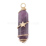 Natural Amethyst Copper Wire Wrapped Pointed Pendants, Faceted Bullet Charms with Golden Tone Brass Star Beads, 34.5~37x10.5x12mm, Hole: 2.7mm(PALLOY-JF02461-02)