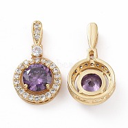Brass Micro Pave Cubic Zirconia Pendants, with Glass, Real 18K Gold Plated, Flat Round Charm, Blue Violet, 23.5x13x6mm, Hole: 1.5x7mm(KK-E068-VC446)