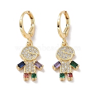 Real 18K Gold Plated Brass Dangle Leverback Earrings, with Cubic Zirconia and Glass, Boy, Colorful, 30.5x11mm(EJEW-L269-034G-02)
