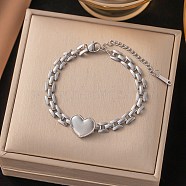 304 Stainless Steel Bracelets, Heart, Stainless Steel Color, 6-1/8 inch(15.5cm)(BJEW-H620-01P)