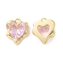 Brass Micro Pave Cubic Zirconia Charms, Heart Charm, Real 18K Gold Plated, Pink, 13x11x4.5mm, Hole: 1.2mm(KK-L208-06G-02)