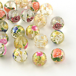 Rose Flower Pattern Printed Round Glass Beads, Mixed Color, 11~12x11mm, Hole: 1.5mm(GFB-R004-12mm-U)