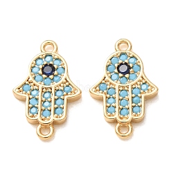 Brass Micro Pave Deep Sky Blue and Blue Cubic Zirconia Religion Hamsa Hand Links Connector Charms, Rack Plating, Long-Lasting Plated, Cadmium Free & Lead Free, Real 18K Gold Plated, 15.5x10x2mm, Hole: 1mm(CU-K002-07G)