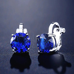 Brass Cubic Zirconia Clip-on Earrings, Diamond, Platinum, Medium Blue, 16x7mm(WGE68B6-06)