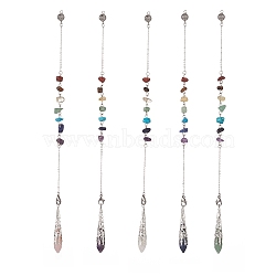 Mixed Natural Gemstone Pointed Drowsing Pendulums, with Chakra Gemstone Chips & 304 Stainless Steel Findings, Bullet Charm, 265~268mm(PALLOY-JF01992)