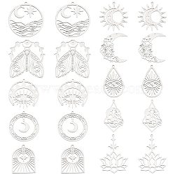 20Pcs 10 Style 201 Stainless Steel Pendants, Teardrop with Eye & Lotus with Star & Cicada, Stainless Steel Color, 27~44x21~34x1mm, Hole: 1.2~1.6mm, 2pcs/style(STAS-SC0004-38)