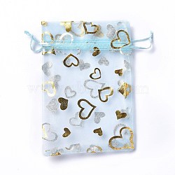 Organza Drawstring Jewelry Pouches, Wedding Party Gift Bags, Rectangle with Gold Stamping Heart Pattern, Light Sky Blue, 15x10x0.11cm(OP-I001-B01)