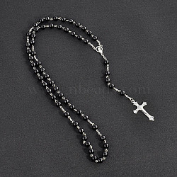 Long Handmade Imitation Pearl Cross Pendant Lariat Necklace Unisex Tassel Sweater Chain Necklaces, Black(FZ4072-5)