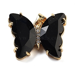 Brass Micro Pave Clear Cubic Zirconia Pendants, with Glass, Butterfly, Golden, Black, 20x26.5x5mm(ZIRC-P079-A01-15)