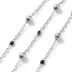 304 Stainless Steel Cable Chain, with Enamel, Soldered, Black, Beads: 3.5~3.6x3.5mm, Link: 5x2x2mm and 2x1.5x0.3mm(CHS-F019-01P-01)