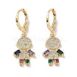 Real 18K Gold Plated Brass Dangle Leverback Earrings, with Cubic Zirconia and Glass, Boy, Colorful, 30.5x11mm(EJEW-L269-034G-02)