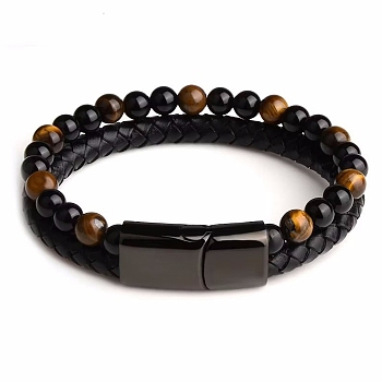 Natural Tiger Eye Beaded Bracelets, Imitation Leather Cord Bracelets for Women Men, with Alloy Clasps, Round, 8-1/4 inch(21cm)