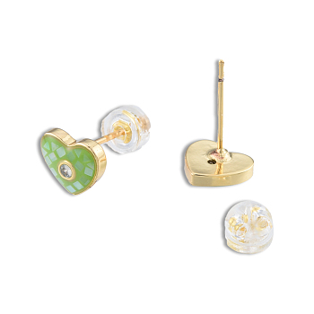 Natural Shell & Enamel Heart Stud Earrings with Cubic Zirconia, Golden Brass Jewelry for Women, Nickel Free, Light Green, 7.5x8.5mm, Pin: 0.7mm