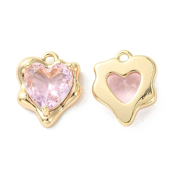 Brass Micro Pave Cubic Zirconia Charms, Heart Charm, Real 18K Gold Plated, Pink, 13x11x4.5mm, Hole: 1.2mm