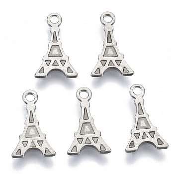201 Stainless Steel Charms, Laser Cut, Eiffel Tower, Stainless Steel Color, 12x7x0.7mm, Hole: 1.4mm