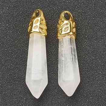 Bullet Natural Quartz Crystal Pointed Pendants, Rock Crystal Pointed Pendants, with Platinum Tone Alloy Findings, 33~40x8~10mm, Hole: 3x2mm