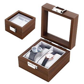 Wood Watch Package Boxes, Square Wristwatch Storage Gift Case, with Visible Window and Brass Lock, Sienna, 12.9x11.9x7.4cm