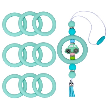 9Pcs Ring Food Grade Eco-Friendly Silicone Beads, Chewing Beads For Teethers, DIY Nursing Necklaces Making, Aquamarine, 65x9.5mm, Hole: 3mm, Inner Diameter: 44mm