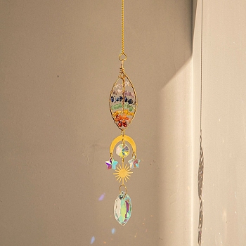 Natural Gemstone Chip Pendant Decorations, Suncatchers, with Glass, Leaf, 390mm