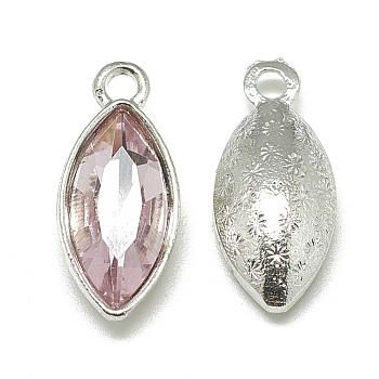Alloy Glass Pendants, Faceted, Horse Eye, Platinum, Pearl Pink, 20x9x5mm, Hole: 1.5mm