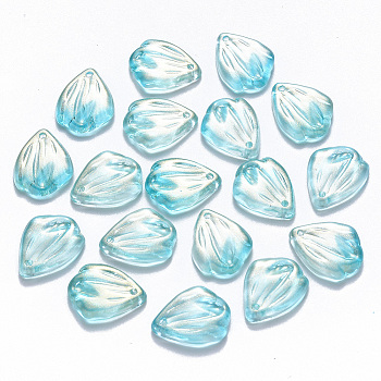 Transparent Spray Painted Glass Pendants, with Glitter Powder, Petal, Turquoise, 19x15x3.5mm, Hole: 1mm