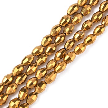 Electroplate Glass Beads Strands, Faceted Oval, Golden Plated, beads: about 4mm wide, 6mm long, hole: 1mm, 72pcs/strand, 17 inch
