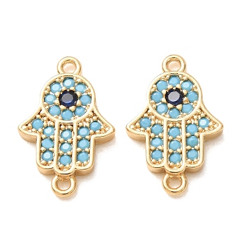 Brass Micro Pave Deep Sky Blue and Blue Cubic Zirconia Religion Hamsa Hand Links Connector Charms, Rack Plating, Long-Lasting Plated, Cadmium Free & Lead Free, Real 18K Gold Plated, 15.5x10x2mm, Hole: 1mm