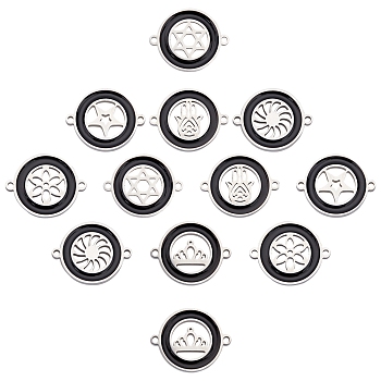 SUNNYCLUE 12Pcs 6 Style 304 Stainless Steel Enamel Links Connectors, Flat Round, Stainless Steel Color, 14.5x18.5x2mm, Hole: 1.2mm, 2pcs/style