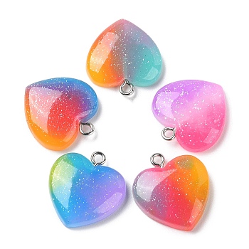 Rainbow Color Opaque Resin Pendants, Glitter Heart Charms with Platinum Plated Iron Loops, Mixed Color, 22x20x5mm, Hole: 2mm