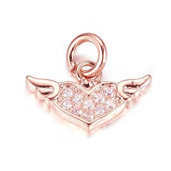 Brass Micro Pave Cubic Zirconia Charms, Heart with Wing, Rose Gold, 8x14x1.5mm, Hole: 3mm