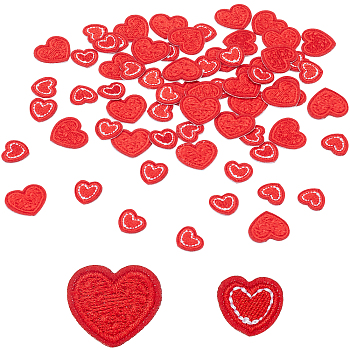 100Pcs 2 Style Computerized Embroidery Cloth Iron on/Sew on Patches, with Melt Adhesive, Costume Accessories, Heart, Red, 13.5~18.5x14~21x1mm, 50pcs/style