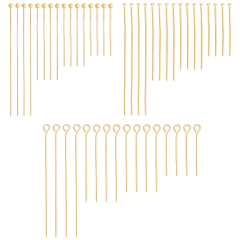 DIY Jewelry Making Findings Kits, Including 64Pcs 4 Styles  Brass Eye Pins & 64Pcs 4 Styles  Brass Ball Head Pins & 64Pcs 4 Styles Brass Flat Head Pins, Cadmium Free & Lead Free, Real 18K Gold Plated, 16pcs/style