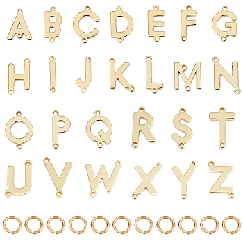26Pcs 26 Styles Brass Letter Connector Charms with 52Pcs Open Jump Rings, Letter A~Z Links, Real 18K Gold Plated, Connector Charms: 12~14x9.5~12.5x1.5mm, Hole: 1mm; Jump Rings: 21 Gauge, 4.5x0.7mm, Inner Diameter: 3.1mm