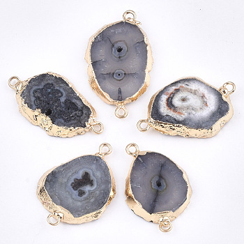 Electroplate Natural Druzy Agate Links connectors, with Iron Findings, Dyed, Golden, Slate Gray, 30~45x15~35x3~7.5mm, Hole: 2mm