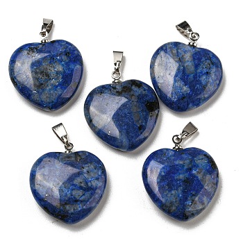 Natural Sodalite Pendants, Heart, with Brass Findings, Platinum, 22~23x20~20.5x6~7.5mm, Hole: 5x8mm