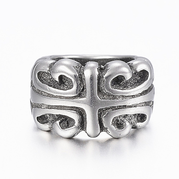 304 Stainless Steel Beads, Large Hole Beads, Ring with Cross, Antique Silver, 11.5x7mm, Hole: 8mm