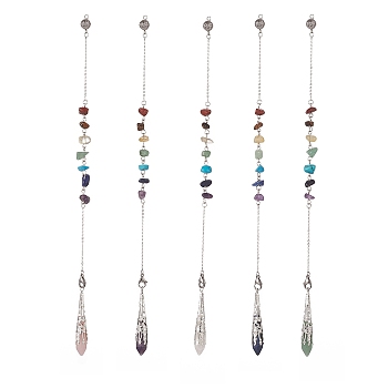 Mixed Natural Gemstone Pointed Drowsing Pendulums, with Chakra Gemstone Chips & 304 Stainless Steel Findings, Bullet Charm, 265~268mm