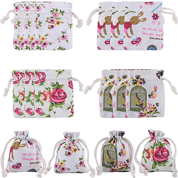 4 Styles Flower Print Burlap Packing Pouches, Drawstring Bags, Rectangle, Mixed Color, 8.7~9x7~7.2x0.5cm, 6pcs/style, 24pcs/set