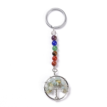 Gemstone and Natural Amazonite Chakra Keychain, with Alloy Key Rings and Brass Pendants, Ring with Tree of Life, Platinum, 123mm