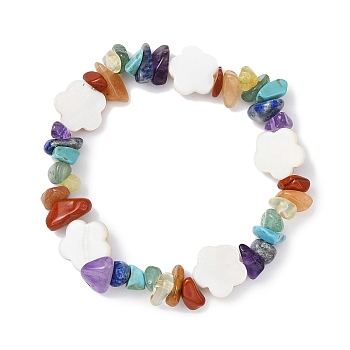 Natural & Synthetic Mixed Gemstone Chips & Shell Beaded Stretch Bracelet, Flower, Wide: 11.5mm, Inner Diameter: 1-5/8 inch(4.05cm)