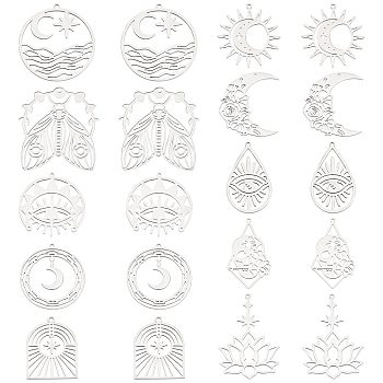 20Pcs 10 Style 201 Stainless Steel Pendants, Teardrop with Eye & Lotus with Star & Cicada, Stainless Steel Color, 27~44x21~34x1mm, Hole: 1.2~1.6mm, 2pcs/style