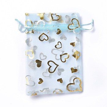 Organza Drawstring Jewelry Pouches, Wedding Party Gift Bags, Rectangle with Gold Stamping Heart Pattern, Light Sky Blue, 15x10x0.11cm
